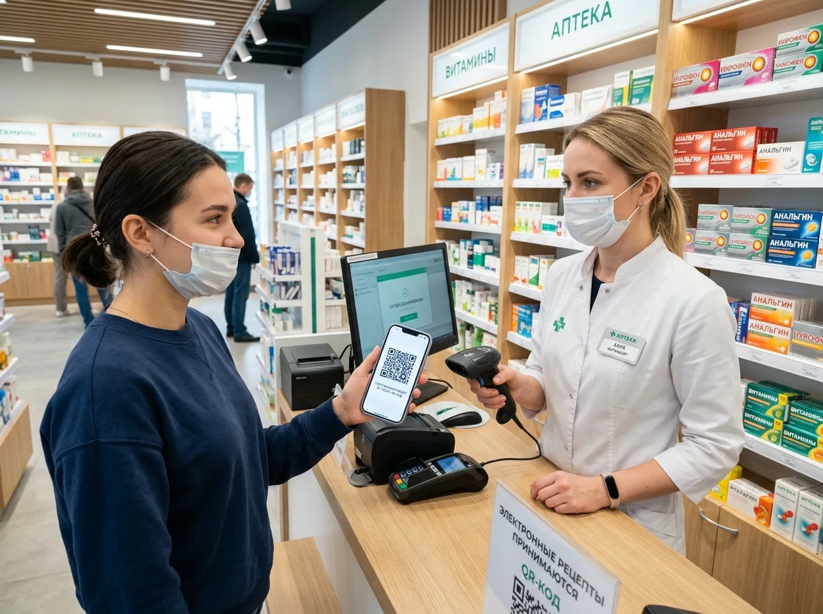 Пациент показывает фармацевту QR-код электронного рецепта на экране смартфона в современной аптеке
