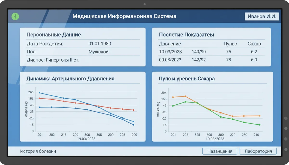 Экран медицинской информационной системы, таблицы данных пациента, графики динамики лечения