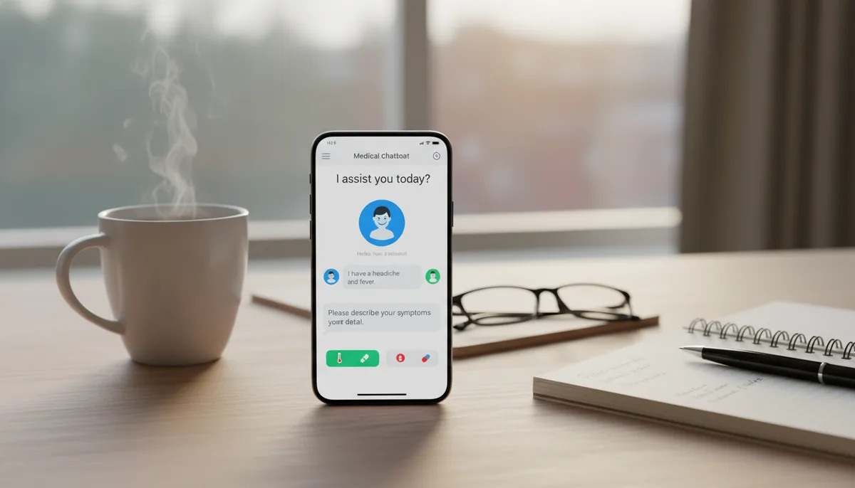 Экран смартфона с медицинским чат-интерфейсом, домашний письменный стол, чашка, блокнот